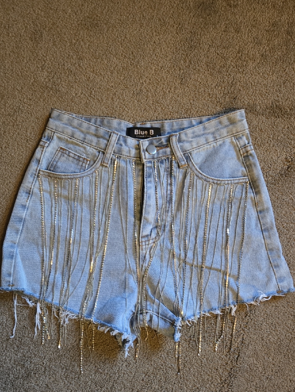 Blue B Light Wash Denim Shorts Rinestone Silver Fringe Nwt Small